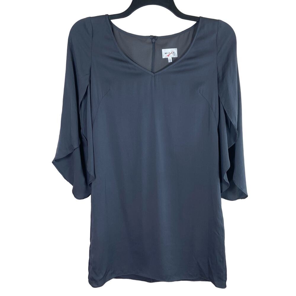 Milly Silk Charmeuse Dress Women's 2‎ Silk Dark Gray Long Bell Sleeve Shift